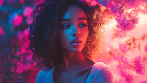Soft neon blossoms surround a thoughtful young woman