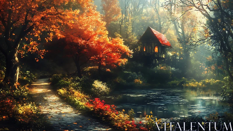Enchanted red-roof cottage by a glowing autumn forest pond.