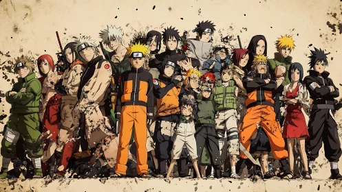 Anime ninja ensemble under grunge splatter composition.