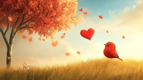 Red Cardinal in Autumnal Landscape with Floating Heart Motifs.