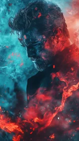 Storm-touched warrior stands between swirling fire and ice