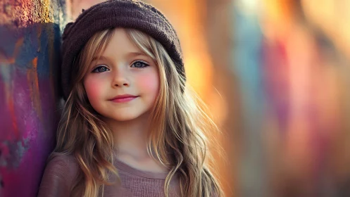 Young girl wearing dark beanie with blonde hair, soft diffused background.