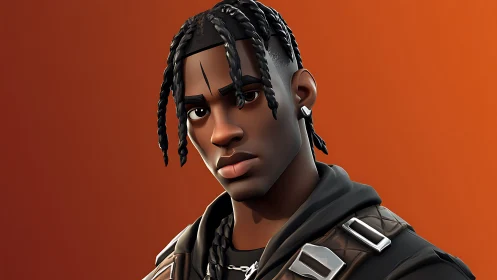 Stoic stylized warrior in quilted armor on orange field.