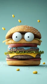 Googly-eyed cartoon burger pops against teal studio backdrop