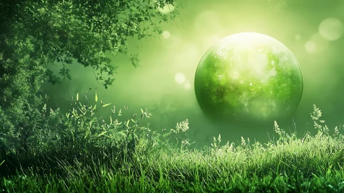 Surreal glowing green sphere in a lush mystical forest scene.