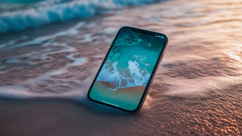 Tide-kissed smartphone standing bold at sunset shore.