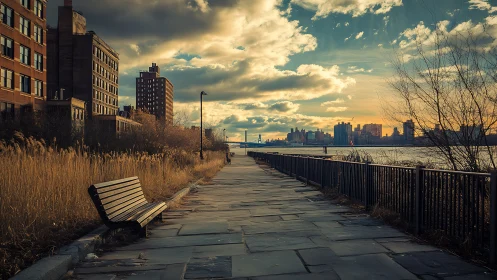 Golden hour river walkway invites quiet cityside wandering