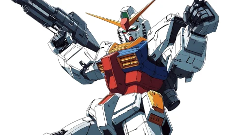 Heroic combat mecha raises rifle in bold anime pose.