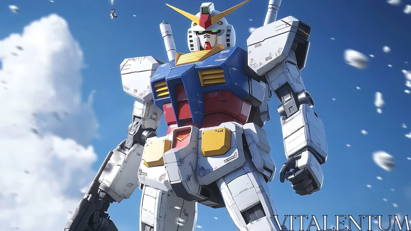 High-detail aerospace mecha under dynamic sky illumination.