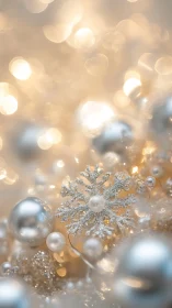 Silver snowflake ornament surrounded by blurred festive lights