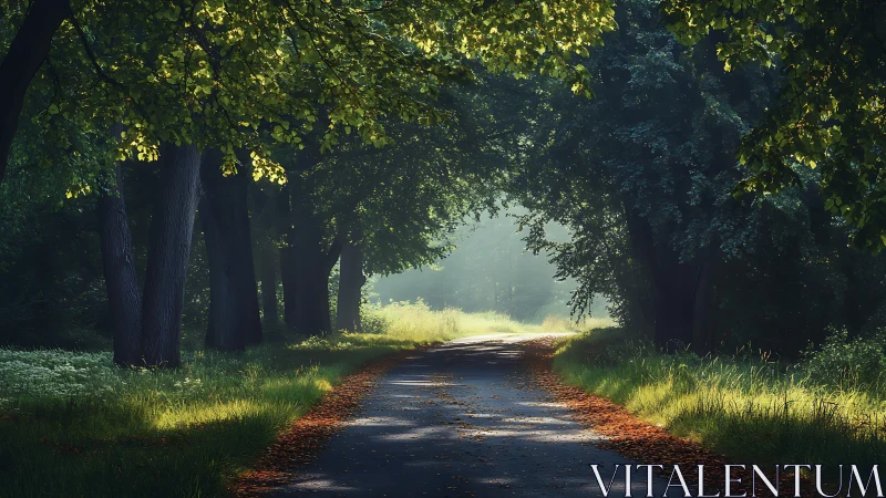 Shaded forest road curves toward bright morning clearing