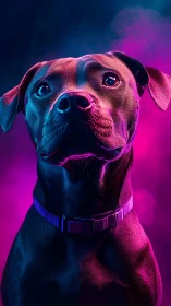 Black dog portrait under neon magenta and blue lighting