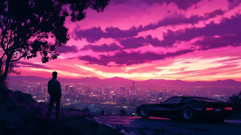 Lone driver contemplates a neon city beneath a radiant sunset