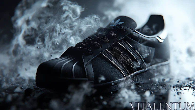 Black sneaker rests in dramatic smoke lit by hard backlight