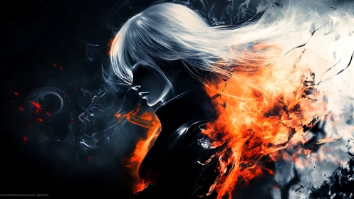 Side-profile figure with white hair and abstract fire plume.