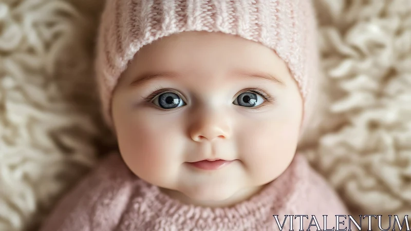 Infant in pink knit apparel, neutral expression, textile background.