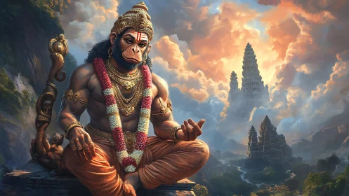 Digital painting of Hanuman in luminous temple landscape.