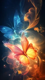 Dual luminous butterflies in contrasting light fields.