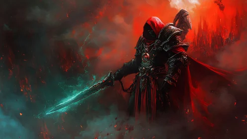 Armored dark knight wields glowing blade in infernal haze
