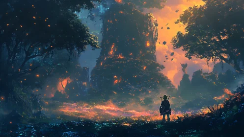 Armored figure observes massive blazing chasm in dark volcanic landscape.