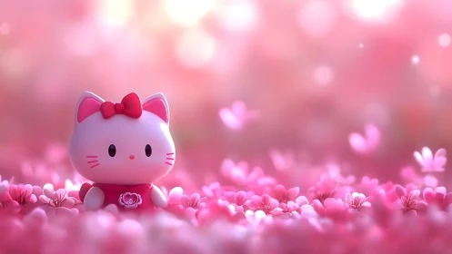 Chibi cat figurine rendered in soft-focus pink floral bokeh field