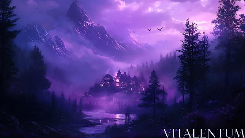 Enchanted violet valley village beneath misty mountains.