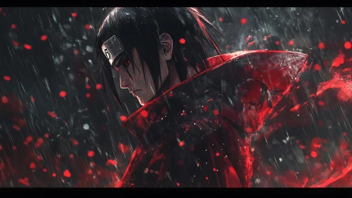 Side profile of cloaked figure in rain with red accents.