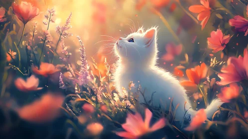 White Feline Subject Positioned Among Warm-Toned Flowers With Backlighting Effects