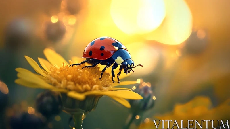 Ladybug rests on golden flower in warm glowing sunset light