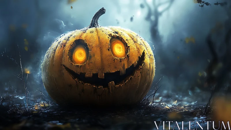 Grinning forest jack o’lantern basking in eerie blue fog.