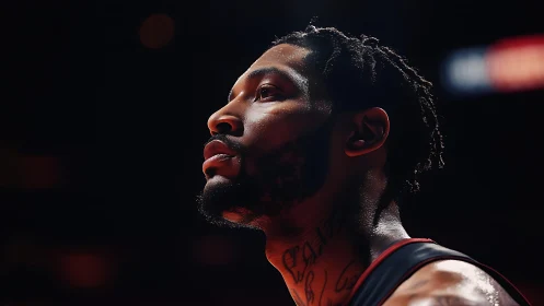 Focused basketball player glowing under arena lights.