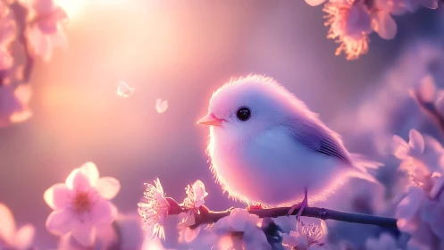 Delicate Bird Perched Among Pink Blossoms.