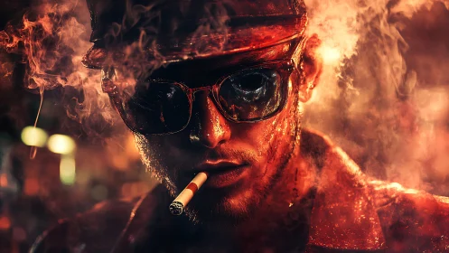 Moody digital portrait of smoker in glowing red haze.