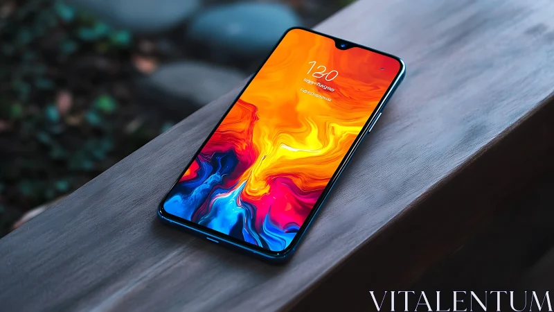 Smartphone displaying vibrant fluid gradient wallpaper on wooden surface.