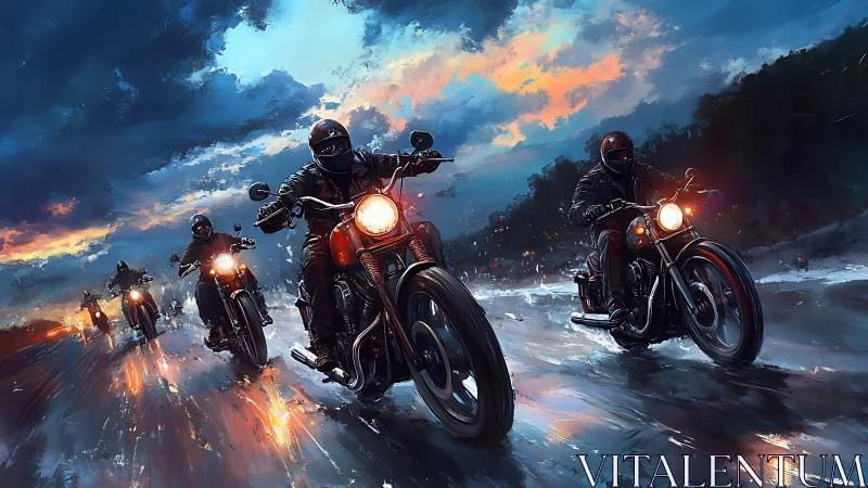 Night riders surge across a rain-soaked highway at dusk.