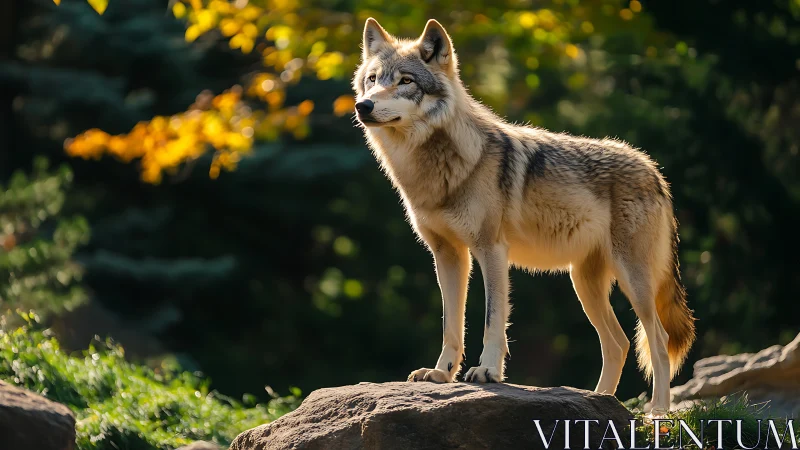 Sunlit wolf standing vigilant on mossy forest rocks.