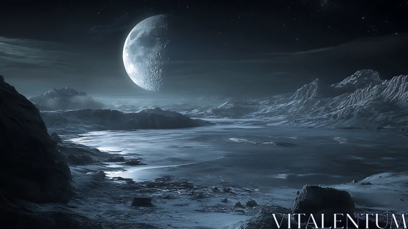 Lunar ice plain under crescent moonlit sky in cold monochrome.