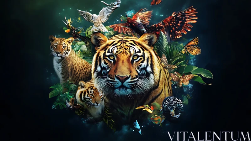 Tiger and tropical wildlife cluster in dark digital scene.