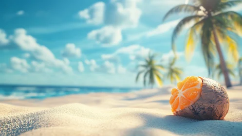 Tropical beach escape with fresh citrus and palm trees.