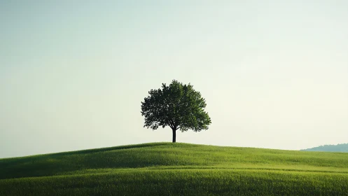 Solitary tree on rolling green hill under clear sky, minimalist landscape.