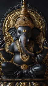 Majestic black Ganesha idol gleams in ornate golden shrine.