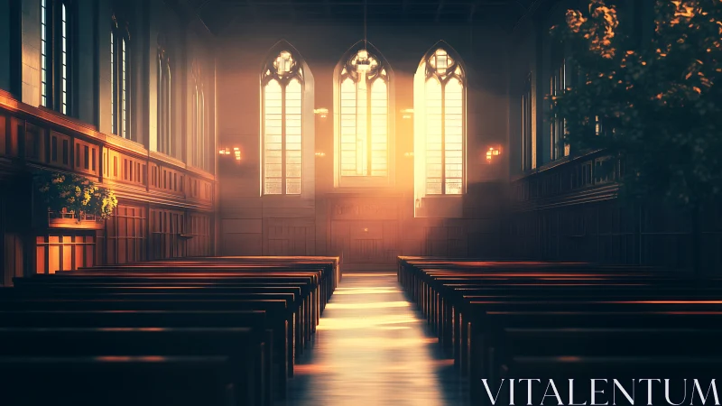 Volumetric sunrise illuminating empty neo-gothic nave interior.