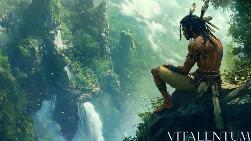 Tribal wanderer overlooking lush waterfall canyon vista.