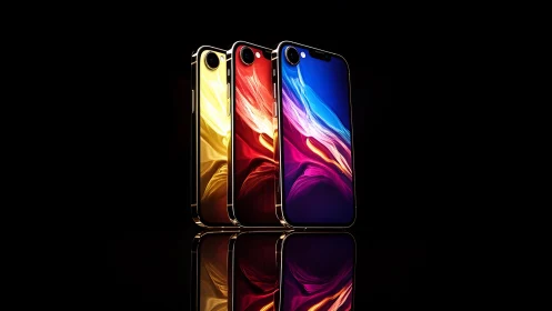 Three luxury smartphones with vivid abstract screens, studio lighting.