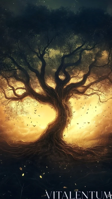 Luminescent arboreal vortex framed by nocturnal skyfield.