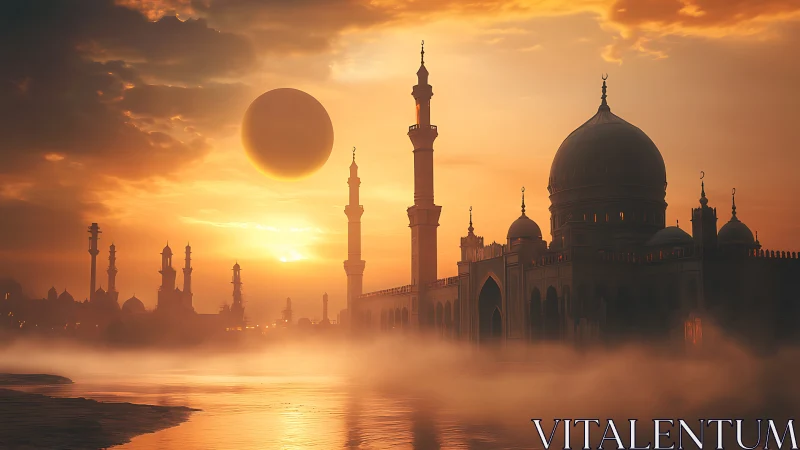 Orb-lit desert mosque drifting through molten sunrise.