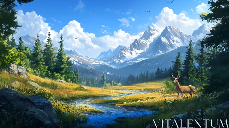 Deer by alpine river under stratified cloud and light dynamics.