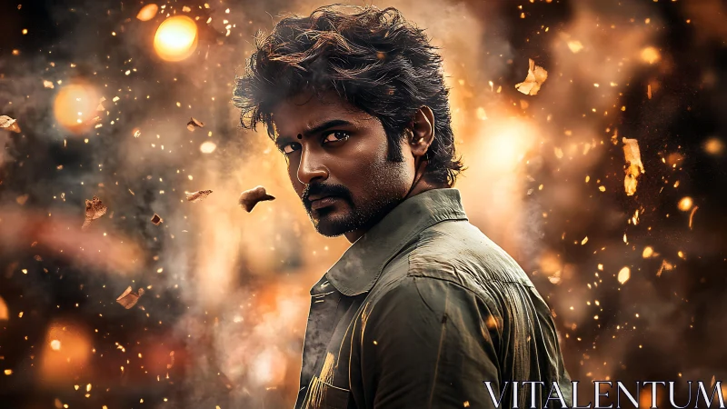 Storm-eyed wanderer turns through flying embers and light