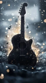 Black acoustic guitar stands amid sparks and floating debris
