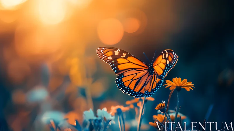 Macro study of monarch butterfly on blooms at golden hour.